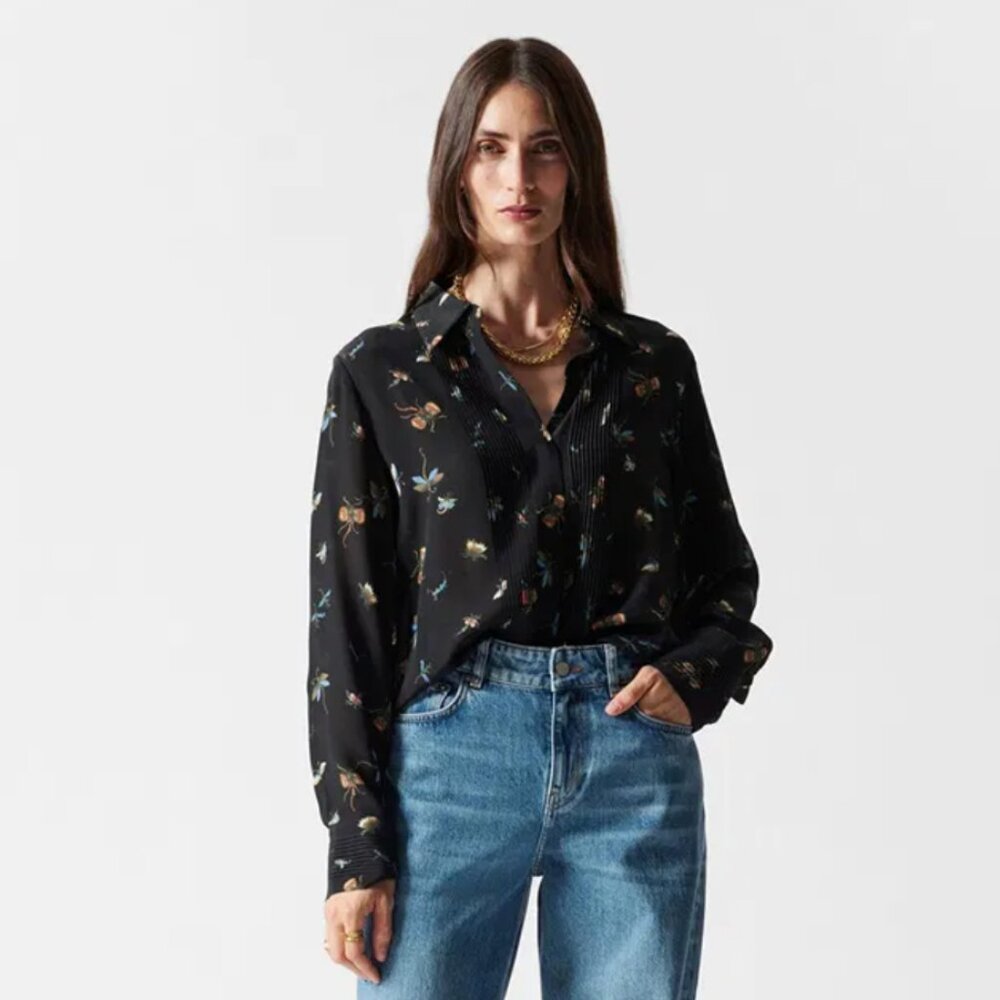 NWT & Other Stories Black Floral Insect Print Silk Pintucked Shirt